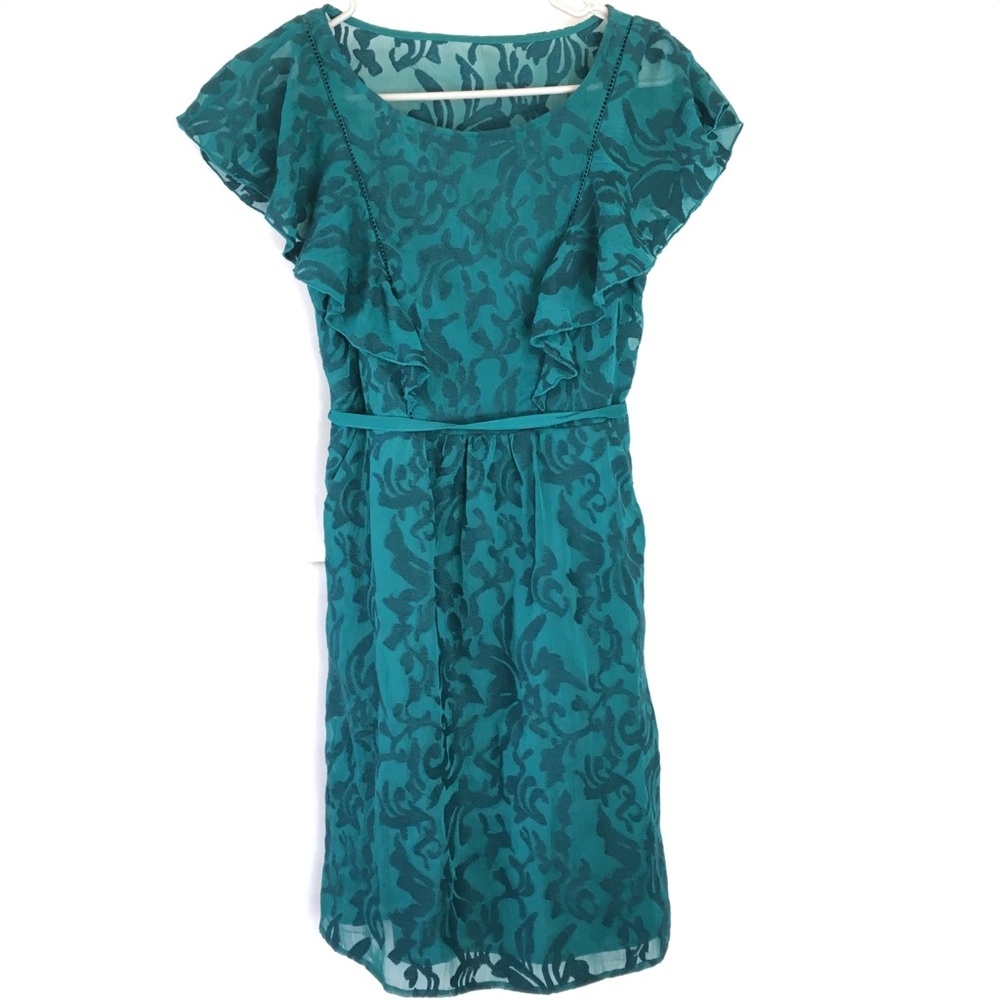 Anthropologie Green Fluttered Scrollwork Dress